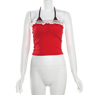 Halter ruffle bowknot ruched knotted 2 piece top