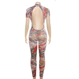Short sleeve button print backless sheer mesh jumpsuit