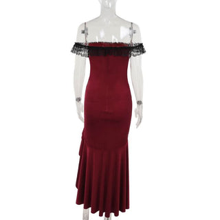 Off shoulder lace hem slit velvet metal applique ruched maxi dress