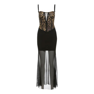 Leopard print mesh lace up cami maxi dress