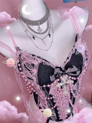 Lace beaded bowknot self tie cami top