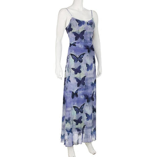 Mesh lace hem butterfly print cami maxi dress