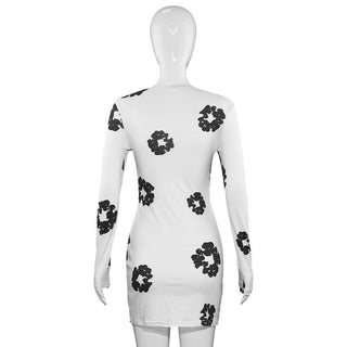 Long sleeve crewneck flower print mini dress