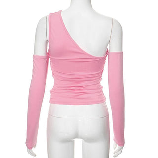 Long sleeve one shoulder irregular ruched solid top