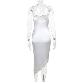 Ruched satin irregular ruffle cami midi dress