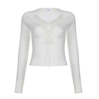 Fluffy patchwork solid long sleeve self tie top