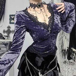 Long sleeve lace hem velvet v neck contrast top