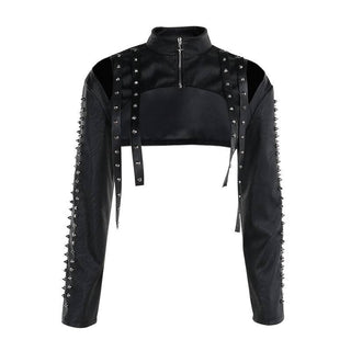 High neck PU leather zip-up hollow out shrug cut out top