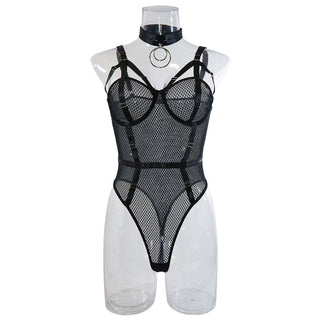 Halter strappy o ring fishnet bodysuit with choker