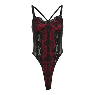 Patchwork v neck lace contrast bodysuit