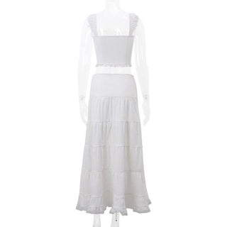 Ruched lace up lace hem patchwork square neck maxi skirt set