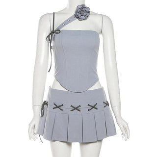 Irregular flower applique pleated mini skirt set