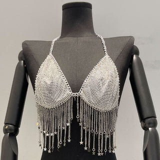 Metal chain halter beaded v neck tassels top