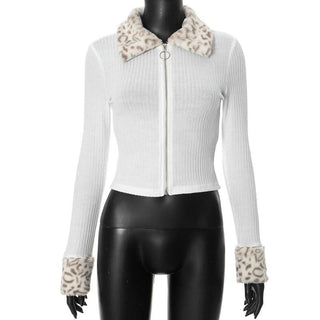 Zip-up long sleeve turnover collar leopard fluffy top