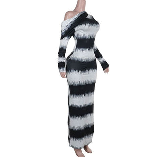 Irregular long sleeve one shoulder striped maxi dress