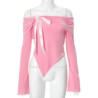 Irregular off shoulder bowknot ribbon long sleeve top