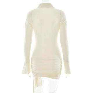 Turnover collar long sleeve button ruched mini dress