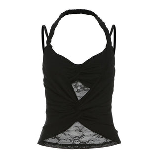 Halter ruched lace patchwork v neck cami top
