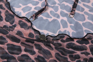 Sheer mesh leopard print contrast see through self tie backless mini dress