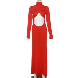 Hollow out solid long sleeve high neck zip-up cut out maxi dress-final-sale