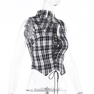 Plaid sleeveless lace up corset top