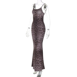 Leopard print u neck backless cami maxi dress