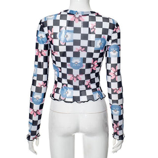 Long sleeve plaid print sheer mesh top