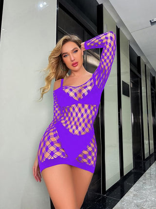 Long sleeve off shoulder hollow out fishnet cut out mini dress