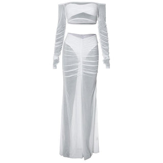 Long sleeve off shoulder ruched mesh maxi skirt set