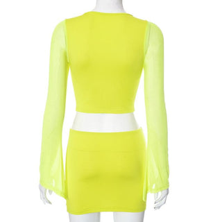 Long sleeve hollow out lace up mesh mini skirt set