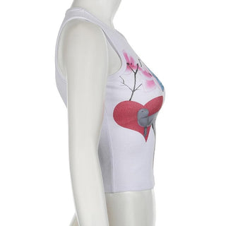 Round neck butterfly print ribbed tank top