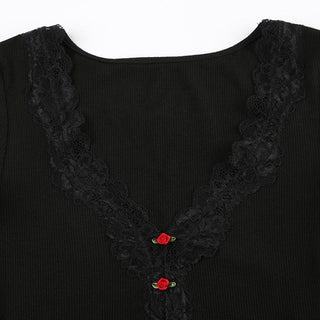 Short sleeve v neck ruffle lace hem ribbed top