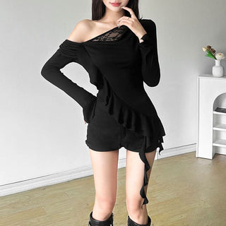 One shoulder long sleeve ruched ruffle lace hem top