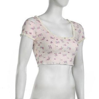 Short sleeve lace hem flower applique print textured crop top