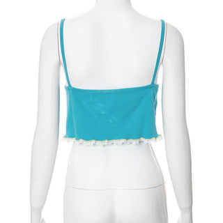 Lace hem ruffle bowknot ribbed cami crop top