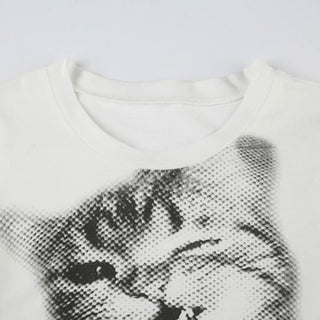 Short sleeve crewneck cat print top