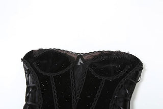 Sweetheart neck velvet lace up mesh beaded mini dress