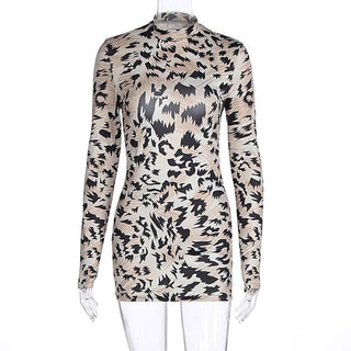 Long sleeve crewneck print backless mini dress