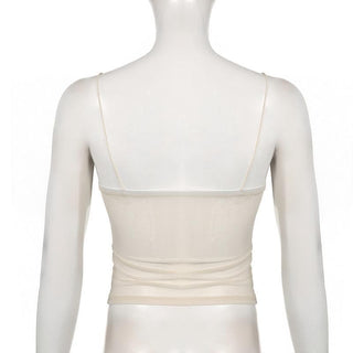 Ruched ruffle sheer mesh cami top