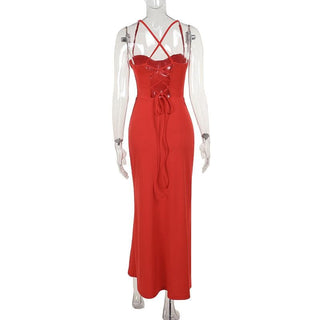 Cowl neck bustier lace up high slit cami maxi dress