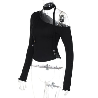 Halter one shoulder long sleeve beaded solid top