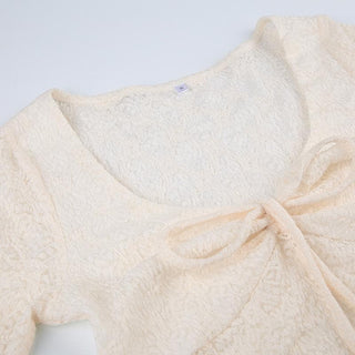 Long sleeve drawstring ruched lace ruffle top