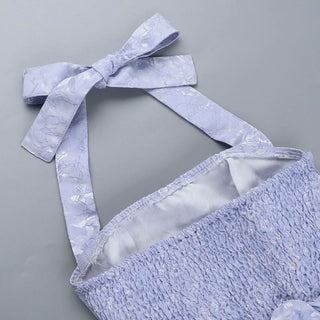 Halter smocked ruched square neck print mini dress