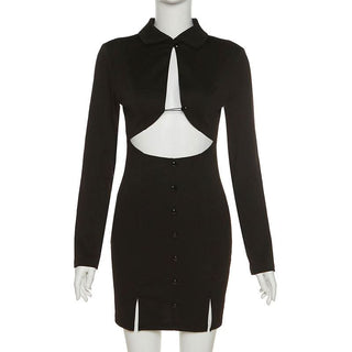 Long sleeve turnover collar button hollow out cut out mini dress