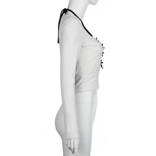 Long sleeve bowknot halter ruched 2 piece top