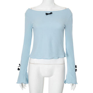 Long flared sleeve round neck bowknot textured top