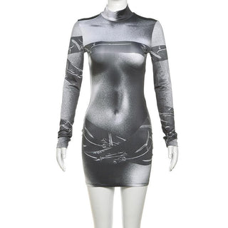 Long sleeve body print high neck mini dress