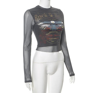 Long sleeve crewneck eagle print mesh top