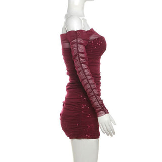 Off shoulder glitter long sleeve mesh ruched mini dress