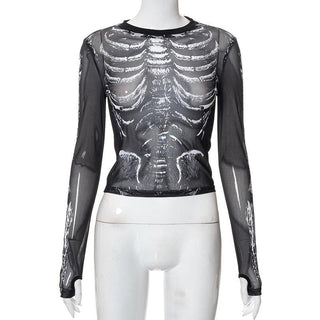 Sheer mesh contrast print see through gloves long sleeve top